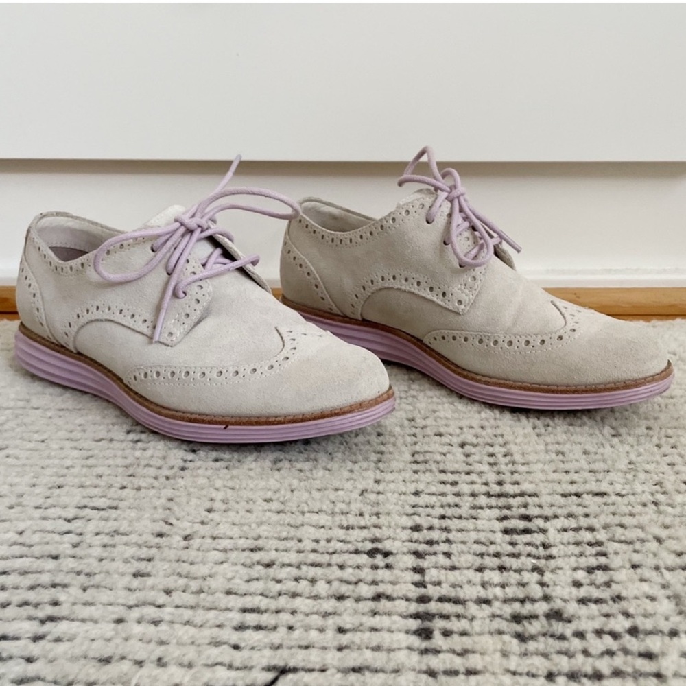 Cole Haan Lunargrand Light Gray and Lilac Suede Wingtip Oxford Shoes Size 5
